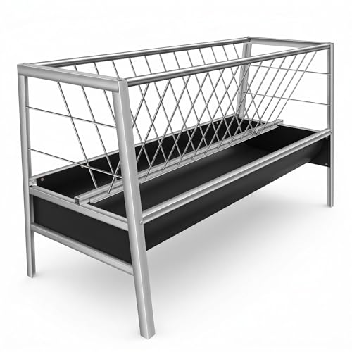 Hay Feeder, 77 Gallon Stainless Steel Goat Feeder for Goats Sheep Calves Horses, Anti-Waste Goat Feeder with Rubber Trough Livestock Feeder