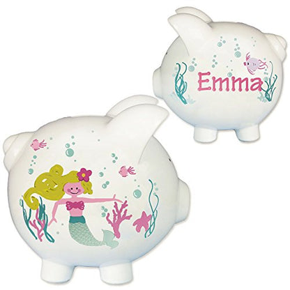 My Bambino Hand Painted Personalized Piggy Bank Girls Large White Ceramic Coin Bank Removable Stopper | Baptism (Mermaid) - color: Blonde Mermaid