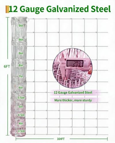 Farm Fence 6ft x 164ft, 12 Gauge Heavy Zinc Coating Cattle Panel Fence Galvanized Woven Wire Field Fencing Livestock Fence, Durable Chain Link Hog Wire Fencing for Yard Garden Sheep Goat Deer Horse - size: 6ft x 164ft