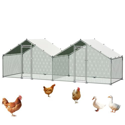 Large 2 Spire Roof Metal Chicken Coop 20×6.72×6.66FT with Run,Water-Resident Poultry Fence with Upgrade Wire Mesh and Anti-UV Cover,Walk-In Hens Pen for Yard,Outdoor Chicken Cage for Duck,Rabbit House - size: 240.0"L x 80.0"W x 79.0"H