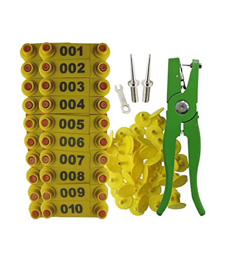 Sheep Ear Tag Pliers Tool, Yellow, 001-100 Goat Ear Tag Set | Plastic Livestock Identification, Includes 2 Needles, Animal Tag - color: Yellow