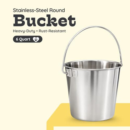 6 quart Heavy Duty Stainless Steel Round Bucket with Handle | 1.5 gal Sturdy Food & Water Bowl for XL Dogs Cats Goat sheep & Livestock | Fits kennel Crate Cage Farm | Hanging Utility Pail - size: 6 Quarts