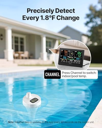 VEVOR 7-in-1 Wi-Fi Weather Station with APP, 7.5 in Display, Wireless Solar Powered Outdoor Sensor, with Pool Thermometer, Rain Gauge, Indoor Outdoor for Weather Forecast, Wind Speed, Pool Temperature - style: 7in1 WiFi with Pool Thermometer