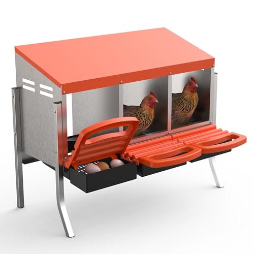 GarveeLife Chicken Nesting Box 3 Hole, Galvanized Steel Nest with Roll Away Egg Collection & Swing Perch, Easy-Clean Laying Box for Hens, Heavy Duty Design for Chicken Coop - color: Orange, size: 3 holes with legs