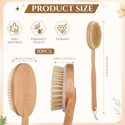 10 Pack Dry Brushing Body Brush Bulk Wooden Long Handle Soft Natural Boar Bristle Detachable Exfoliating Dry Brush for Women Men Deep Cleaning Lymphatic Drainage Cleaning Body Skin Care