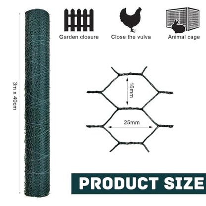 Garden Poultry Green Chicken Wire PVC Coated Hexagonal Wire Mesh Roll Animal Fence 3m x 400mm Garden Netting Fencing for Pet Rabbit Chicken with Gloves & 50Pcs Cable Ties