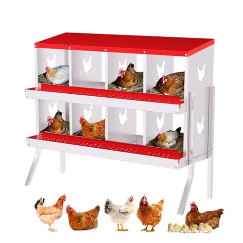 GarveeTech Nesting Boxes for Chickens, 6/8/10-Hole Galvanized Steel Chicken Nesting Boxes for Laying Eggs with Egg Rollaway System to Protect Eggs, Easy Egg Collection, for Chicken Coop Backyard Farm - color: red, size: 8 Compartments with legs