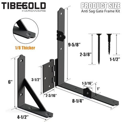 Anti Sag Gate Frame Kit, Heavy Duty Gate Corner Brace Brackets, Gate Hardware Kit with Self-Locking Gate Latch for Outdoor Wooden Fences, Driveway Gates, Shed Doors, Corral, Black, 1 Set