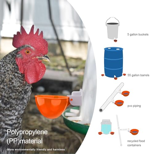 Chicken Waterer Cups, 8 Packs Orange Large Chicken Watering Cups, Automatic Chicken Water Cups, Tee Fittings Poultry Feeder Cups Suitable for Chicken, Duck, Goose, Turkey with Mounting Hole Opener - color: Orange
