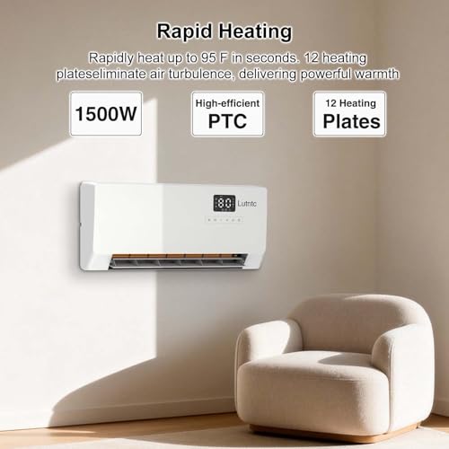 Electric Wall Mounted Heater with Remote Control, 24H Timer, ECO Mode, Quick Heating Space Heater for Bedroom, Living Room
