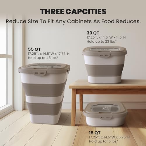 35-40 Lbs Airtight Dog Food Storage Container, Collapsible Dog Food Container with Lid, Wheels, Date Track, Large Pet food storage Container for Rice,Flour,Sugar,Dog Food Scoop,2PCS Containers - color: Khaki/40 lbs