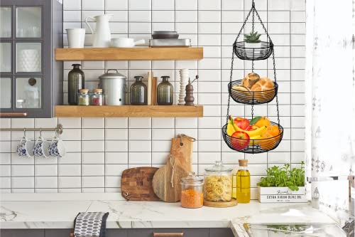 CAXXA 3-Tier Hanging Basket Fruit Organizer Kitchen Heavy Duty Wire Organizer with 2 Free Bonus Metal Ceiling Hooks, Black - color: Black