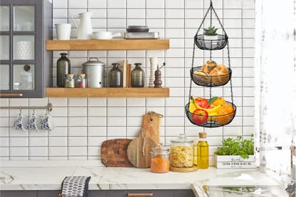 CAXXA 3-Tier Hanging Basket Fruit Organizer Kitchen Heavy Duty Wire Organizer with 2 Free Bonus Metal Ceiling Hooks, Black - color: Black