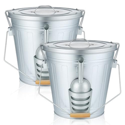 Yungyan 2 Pcs Bird Seed Containers Storage Galvanized Steel Metal Food and Seed Locking Storage Bucket Bin with Scoop, Rustic Farmhouse Feed Containers, Holds up to 18 Quarts, Disassembled Outer Frame
