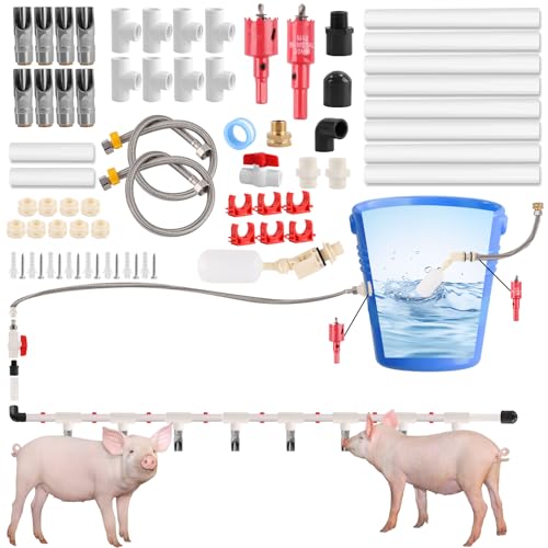 8PCS Pig Water Nipples Kit, Kalolary Automatic Pig Nipple Drinkers Kit Pig Waterer Set for Barrel Piggy Waterer System with PVC Pipeline, Float Valve and Stainless Still Hose