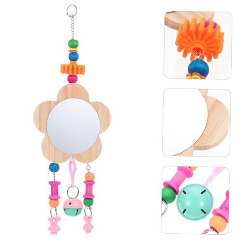Abaodam Funny Chicken Toy Wooden Hanging Mirror for Hens Pet Rooster Mirror Pendant Coop Toys Bells Random Color
