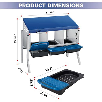 Garvee Heavy Duty Metal Chicken Nesting Box - 3 Compartments, Easy-Collect Roll Away Tray & Lid - Wall Mount or Freestanding, Galvanized Steel, Easy Clean with Bracket, Blue - color: Blue, size: 3 holes