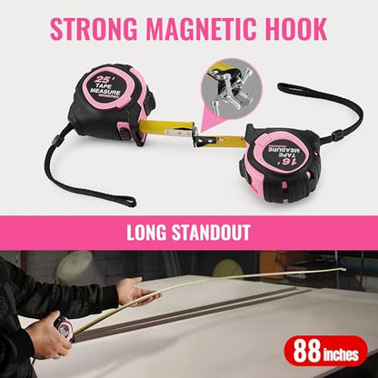 WORKPRO 25-FT Tape Measure with Fractions, 3 Brakes Retractable Measuring Tape, Compact Measurement Tape with Magnetic Hook, Nylon Coating Blade Accuracy 1/32”, Pink - style: 25-FT