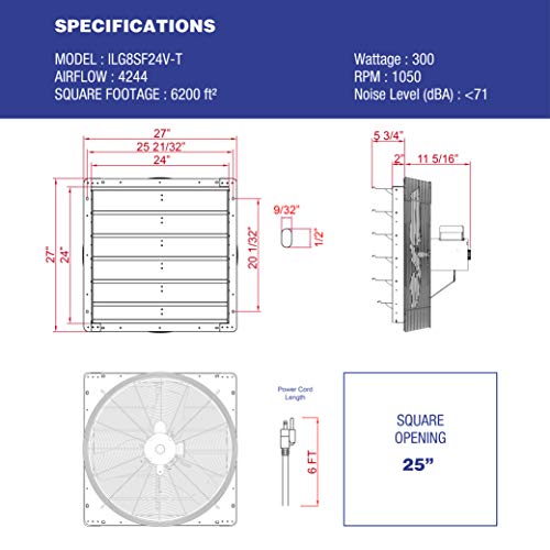iLIVING ILG8SF24V-T 24 inch Shutter Exhaust Attic Garage Grow, Ventilation Fan with 2 Speed Thermostat 6 Foot Long 3 Plugs Cord, 24" - Variable, Silver - size: 24 In.