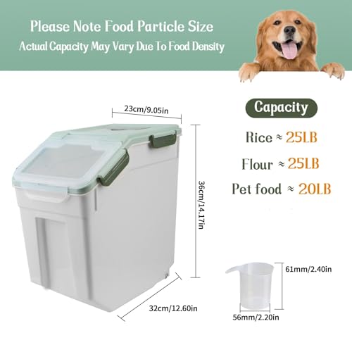 Large Flour Storage Container 25lbs, (4 Pack) BPA Free Rice Dispenser Bin with Locking Lid & Wheels, Measuring Cup, Scoop Kitchen Pantry Organizer for Flour, Rice, Grain, Cereal, Dog Food (Green) - color: 4Pack 25lbs Green