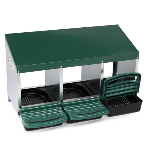 3 Compartment Roll Out Chicken Nesting Box, Steel Plastic Hen Laying Box with Perch, Green Sloped Roof 31.9x20.1x18.5in Poultry Nest for Backyard Chicken Coop Egg Collection
