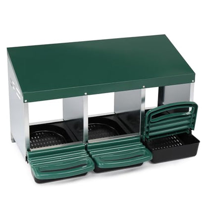 3 Compartment Roll Out Chicken Nesting Box, Steel Plastic Hen Laying Box with Perch, Green Sloped Roof 31.9x20.1x18.5in Poultry Nest for Backyard Chicken Coop Egg Collection