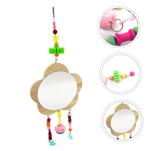 Creative Wooden Hanging Mirror Toy for Chickens and Hens Fun Pet Rooster Accessory Bell Engaging Pecking Play for Coop Entertainment