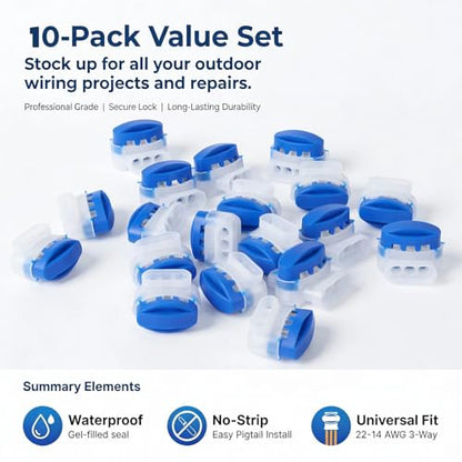 GWHOLE 10PCS 3-Way Wire Connectors Waterproof, for 22-14AGW Wires | Electrical IDC 314-BOX, Quick Splice Repair, Self Stripping, For Robotic Lawn Mower Irrigation Landscape Lighting - color: 10PCS