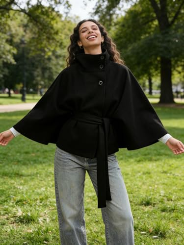CHARTOU Women Batwing Sleeve Ponchos Pea Coat Wool Stand Collar Belt Capes Jacket Winter Cropped Overcoat - color: Black, size: Medium