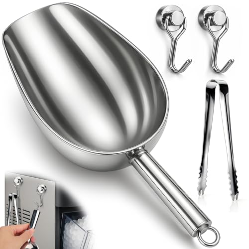 Stainless Steel Ice Scoop for Freezer with Magnetic Hook & ice tongs - Ice Scoop for GE Profile Opal 2.0 Nugget Ice Maker, for Kitchen Bar Party Accessories (18OZ-Silver) - color: Silver, size: 18oz