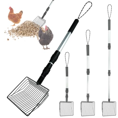 Chicken Poop Scooper 3 in 1 Adjustable Long Handle Litter Metal Scoop Heavy Duty Metal Chicken Poop Scooper Litter Sieving Shovel, Chicken Coop Accessories (22-41.7")
