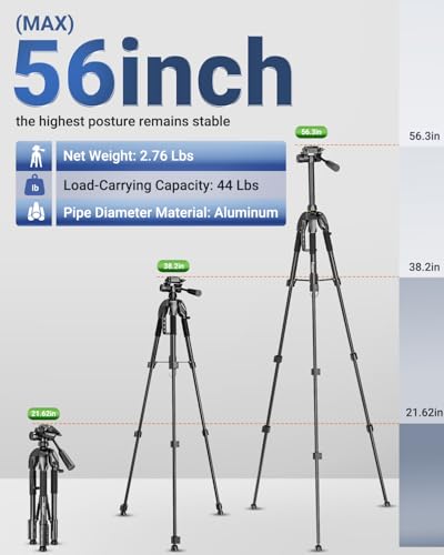 Laser Level Tripod, Huepar 56” Extendable Height Tripod for Line Lasers, Point Lasers, Laser Distance Measures, 1/4" and 5/8" Thread Mount, Multi-Function Hook, Non-Skid Feet, TPD14 - size: 56 inch