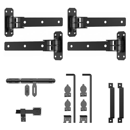 Heavy Duty Gate Hinges, 13" Bolt-On or Weld-On Hinges with Slide Bolt Gate Latch, Cane Bolts, Door Handles, 180° One-Way Open Gate Hinge for Double Wooden Door/Metal Gates,Garden Gates, Fence, Barn - style: 4 Pack Gate Hinges with Accessories