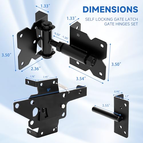 Self Closing Gate Hinge and Latch, Heavy Duty Self Locking Gate Hardware Kit for Wooden/Vinyl/PVC Fence Gate, Adjustable Gate Hinges and Post Mount Gate Latch, 2 Gate Latch 4 Gate Hinges