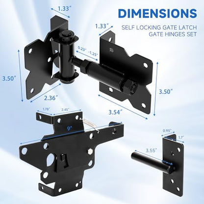 Self Closing Gate Hinge and Latch, Heavy Duty Self Locking Gate Hardware Kit for Wooden/Vinyl/PVC Fence Gate, Adjustable Gate Hinges and Post Mount Gate Latch, 2 Gate Latch 4 Gate Hinges