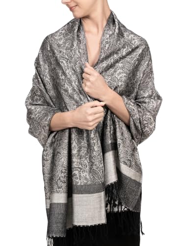 Achillea Two-Tone Vintage Paisley Pashmina Scarf – Lightweight Wrap & Shawl for Dresses, Weddings, Travel, All Seasons - color: Light Grey