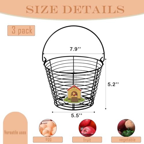 3 Pack 8 Inches Metal Mesh Wire Egg Collecting Basket with Handle Portable Garden Vegetable Fruit Storage Lightweight Hanging for Kitchen Farmhouse Gathering Picnic (Black) - color: Black