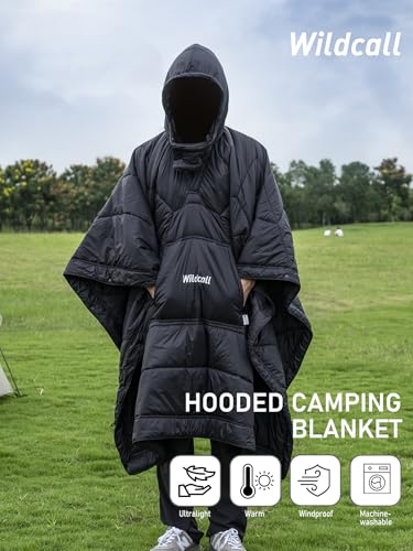 WildCall Hooded Camping Blanket with 3M Thinsulate Insulation Wearable Poncho Blanket Ultralight Foldable Quilt Sleeping Bag for Outdoor, Hiking, Stadium - color: Black