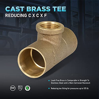 Everflow Supplies CCFT1112-NL C X C X F Cast Brass Tee Fitting with Solder Cups and Female Threaded Branch, 1" x 1" x 1/2" - size: 1" x 1" x 1/2"