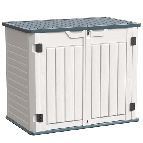 Amopatio Premium Resin Outdoor Storage Shed, 35 Cu Ft, White | Horizontal, Trash Can Storage, Weather Resistance, W/Lock, For Garbage Cans, Garden Tools, Lawn Mowers, Patio