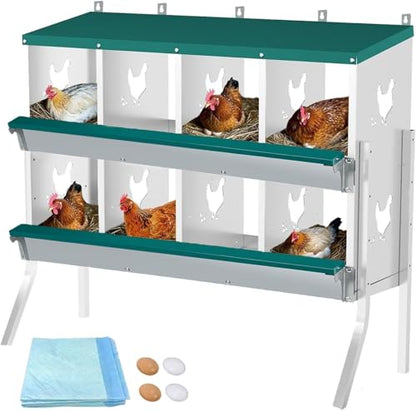 8-Compartment Chicken Nesting Box, Heavy Duty Galvanized Steel Poultry Nest Box, Wall Mount/Freestanding Design for Hens, Ducks, Backyard Homesteads & Farm Use, Green, 10 Mats &4 Eggs, with Stand - color: Green, size: 8 Room&Mat eggs