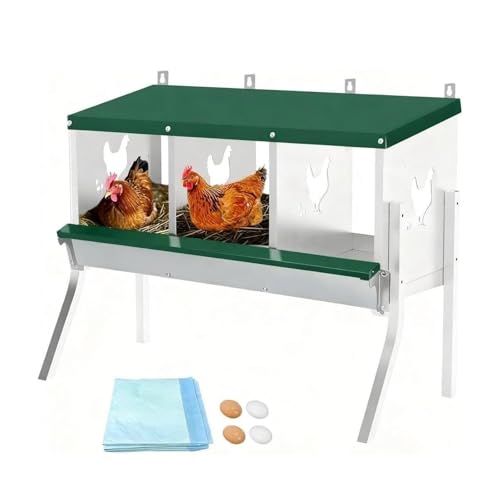 3 Compartment Chicken Nest, Stainless Steel Laying Boxes for Hens with 4 Dummy Eggs and 10 Dampproof Pets Mats, Wall Mounted or Free Standing Chicken Boxes, Roll Out Design, Green, with Stand Style - color: Green, size: 3-Room