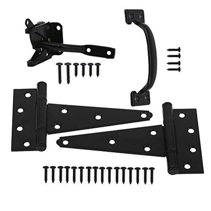 HOME MASTER HARDWARE Wood Gate Hardware Set- Heavy Duty 6" Gate Tee Hinge,Pull Set Gate Hardware Kit with Screws for Outdoor Fence Swing Gate Black Finish