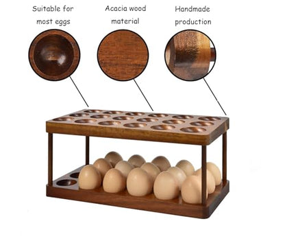 Acacia Wooden Double Layer Egg Holder, 36 Capacity Farmhouse Kitchen 2 Tier Fresh Egg Storage Rack Basket, Deviled Eggs Plates Eggs Tray Organizer for Countertop