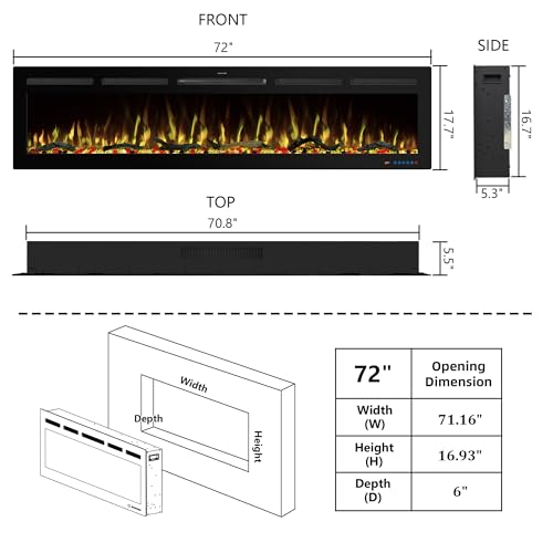 72" WiFi Electric Fireplace, Recessed and Wall Mounted Fireplace Heater, 13 Flame & Fuel Bed Colors, 5 Brightness, Thermostat, Timer, App and Remote Control, 750/1500W - size: 72" WiFi