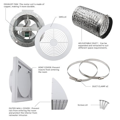 Quini 512M 6-inch Through Wall Exhaust Fan, 80 CFM 4.0 Sones, Bathroom Wall Exhaust Fan, Kitchen Ventilation Fan, 6-inch Diameter Vent, Retractable Duct, One-Year Warranty