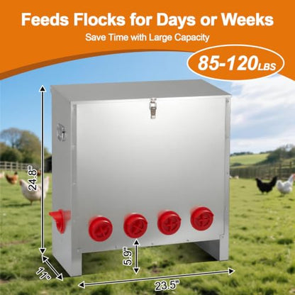 Automatic Chicken Feeder 85-120lbs Capacity, Galvanized Metal Poultry Feeding Equipment, Rainproof & Rodent Proof Large Chicken Food Dispenser for Backyard Coop & Farm Use (10 Ports) - style: 10 Ports(85-120LBS)