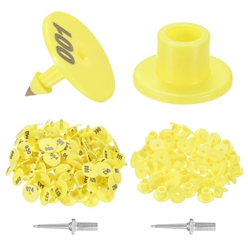 M METERXITY 100-Pack Cattle Ear Tags 001-100 Number, Plastic Round Livestock Tags with 2 Ear Label Needles for Cows/Sheep/Cattle/Pig, Farm Animal Identification Markers [Yellow] - color: Yellow