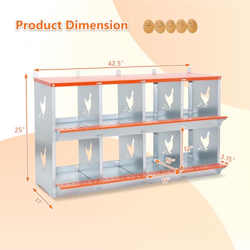 Galvanized Steel Chicken Nesting Box 8 Bay Wall Mounted Predator Proof for Hens and Ducks Easy Egg Collection Vented Design Easy Assemble Orange Coop Equipment (8 Compartment) - size: 42.5"L x 17.0"W x 25.0"H