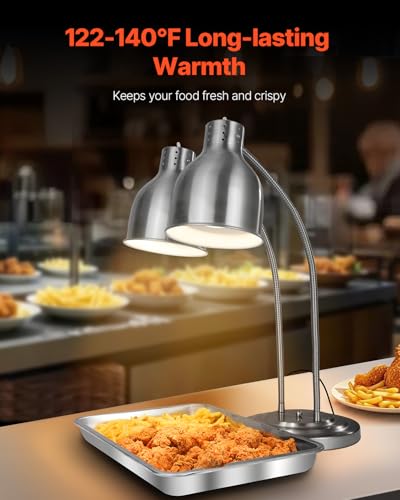 VEVOR Food Heat Lamp, 500W Electric Commercial Food Warmer Light, 2-Head Stainless Steel French Fry Heating Lamp with 3 Bulbs, Catering Food Warming Equipment for Kitchen, Buffet, Restaurant, Silver - style: Tabletop